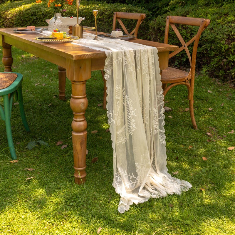vctops Beige Lace Table Runner 120 inch 10FT Floral Embroidered Boho Farmhouse Vintage Rustic Table Runners for Wedding Party Baby Shower Birthday Home Decor Holiday Decorations(Beige,27"x120") - Image 3