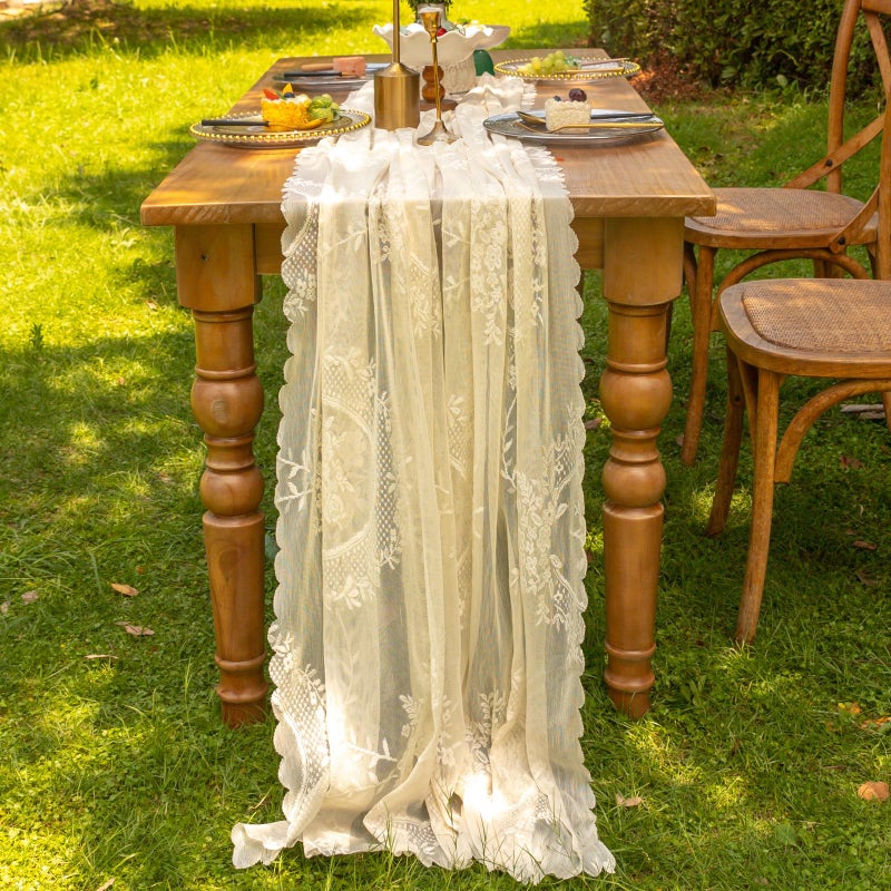 vctops Beige Lace Table Runner 120 inch 10FT Floral Embroidered Boho Farmhouse Vintage Rustic Table Runners for Wedding Party Baby Shower Birthday Home Decor Holiday Decorations(Beige,27"x120") - Image 1