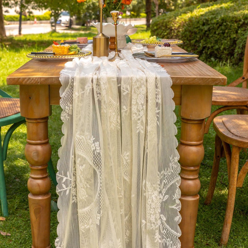 vctops Beige Lace Table Runner 120 inch 10FT Floral Embroidered Boho Farmhouse Vintage Rustic Table Runners for Wedding Party Baby Shower Birthday Home Decor Holiday Decorations(Beige,27"x120") - Image 5