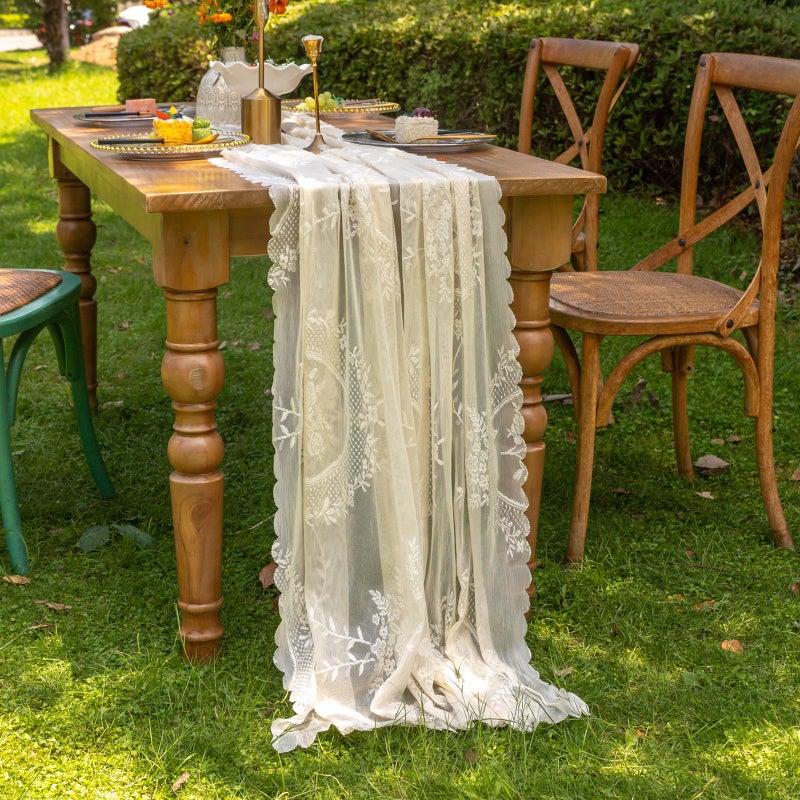 vctops Beige Lace Table Runner 120 inch 10FT Floral Embroidered Boho Farmhouse Vintage Rustic Table Runners for Wedding Party Baby Shower Birthday Home Decor Holiday Decorations(Beige,27"x120") - Image 2
