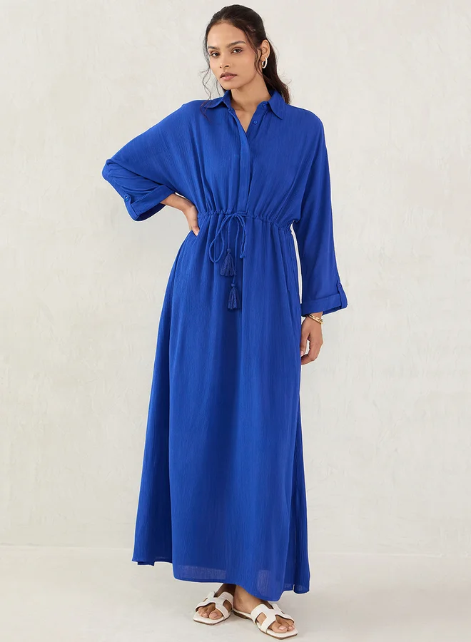 Femmella Femmella Blue Crinkled Collared A-Line Maxi Dress with Drawstring Waist