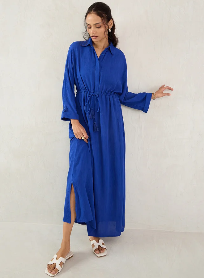 Femmella Femmella Blue Crinkled Collared A-Line Maxi Dress with Drawstring Waist