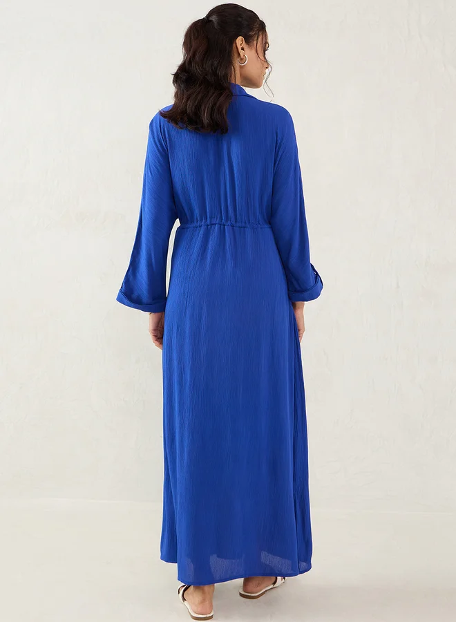 Femmella Femmella Blue Crinkled Collared A-Line Maxi Dress with Drawstring Waist