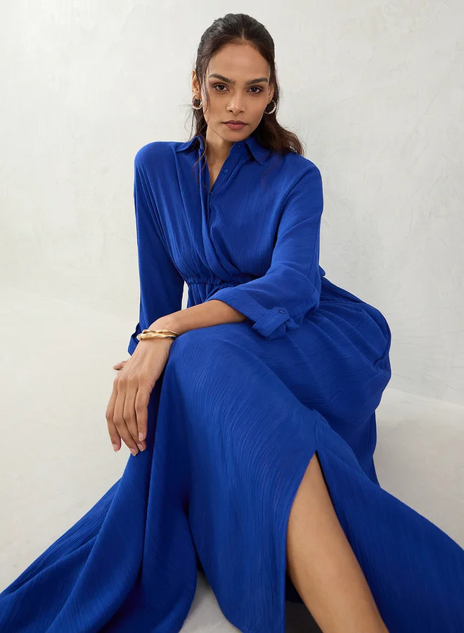Femmella Femmella Blue Crinkled Collared A-Line Maxi Dress with Drawstring Waist