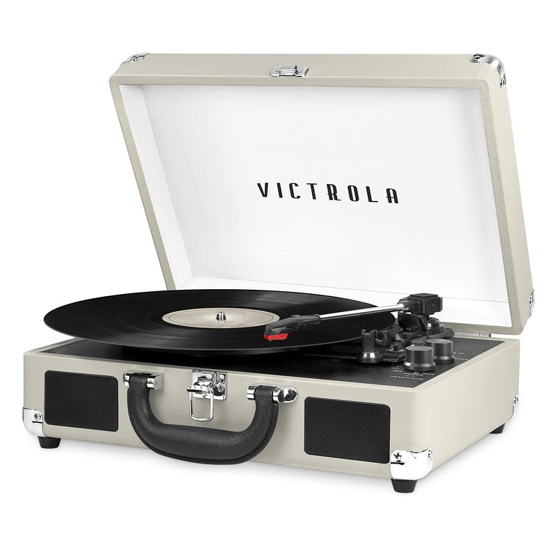 Victrola Journey Bluetooth Portable Suitcase Record Player â€“ with Built-in Speakers, 3 Speed Vinyl Record Player, RCA Out, Headphone Jack (Light Grey) - Image 1