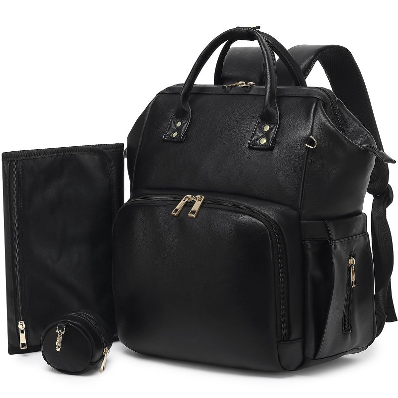 ROSEGIN ROSEGIN Premium Vegan Leather Diaper Bag Backpack with Waterproof Changing Pad Reinforced Stitching Zippers Baby Bag for Boy Girl Stroller Straps Ergonomic Design for Traveling Moms Black