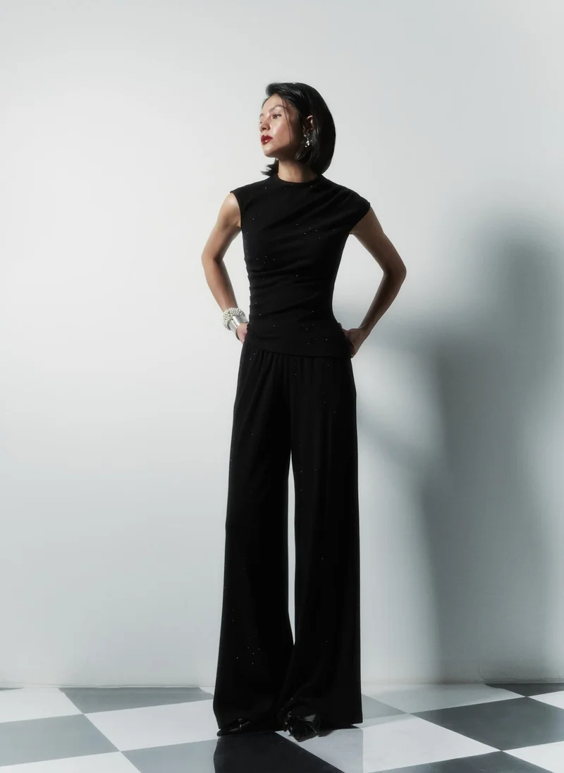 Lichi  Jersey top with small gathers and rhinestones for Women | Best Price UAE