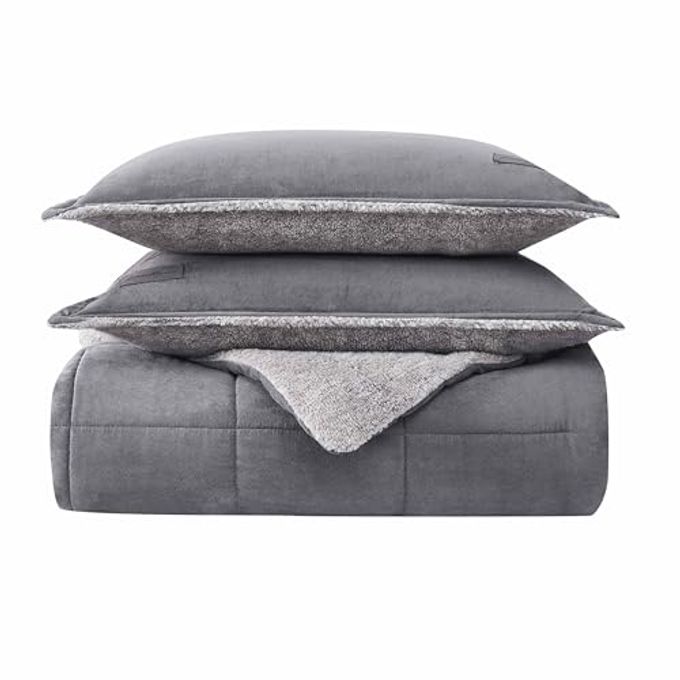 Eddie Bauer Queen Comforter Set, Microsuede Bedding With Soft Sherpa Reverse, 3 Piece Bed Set With Matching Pillowcases (Sherwood Grey) - Image 4