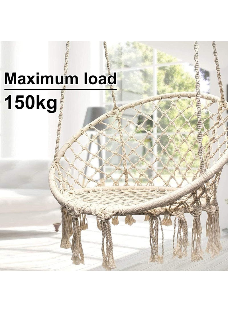 Rock Pow - Hanging Hammock Chair Comfortable Sturdy Macrame Hanging Swing Chair Knitted by Cotton Rope with Romantic Fringes For Indoor Outdoor Bedroom Patio Yard Garden Balcony 80×80×4cm - Image 1