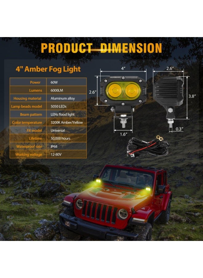 Auxbeam R4 Series | 4 Inch 60W LED Pods Light Flood Beam Amber Light - Image 4