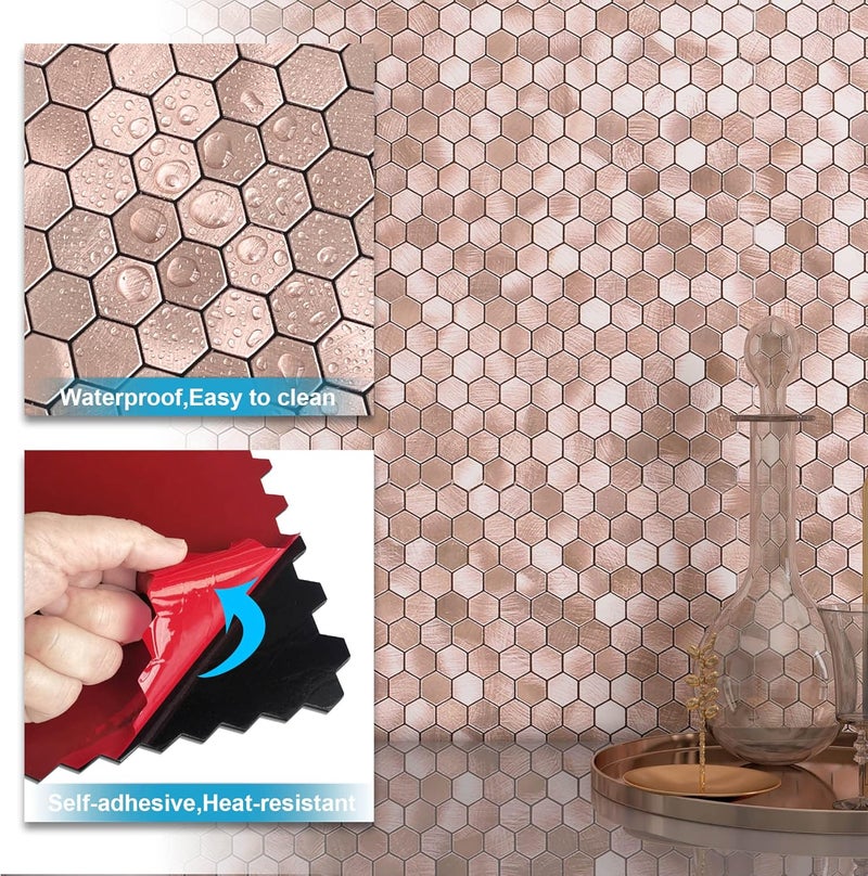 Benice Metal Mini Hexagon Stick on Mosaic Tiles Stickers for Kitchen Splashback Self Adhesive Wall Fireplace(10 Sheets,Brown Rose Gold) - Image 5