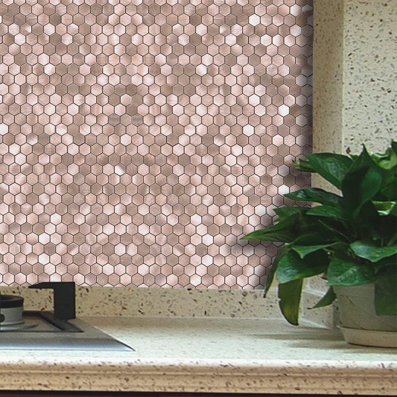 Benice Metal Mini Hexagon Stick on Mosaic Tiles Stickers for Kitchen Splashback Self Adhesive Wall Fireplace(10 Sheets,Brown Rose Gold) - Image 3