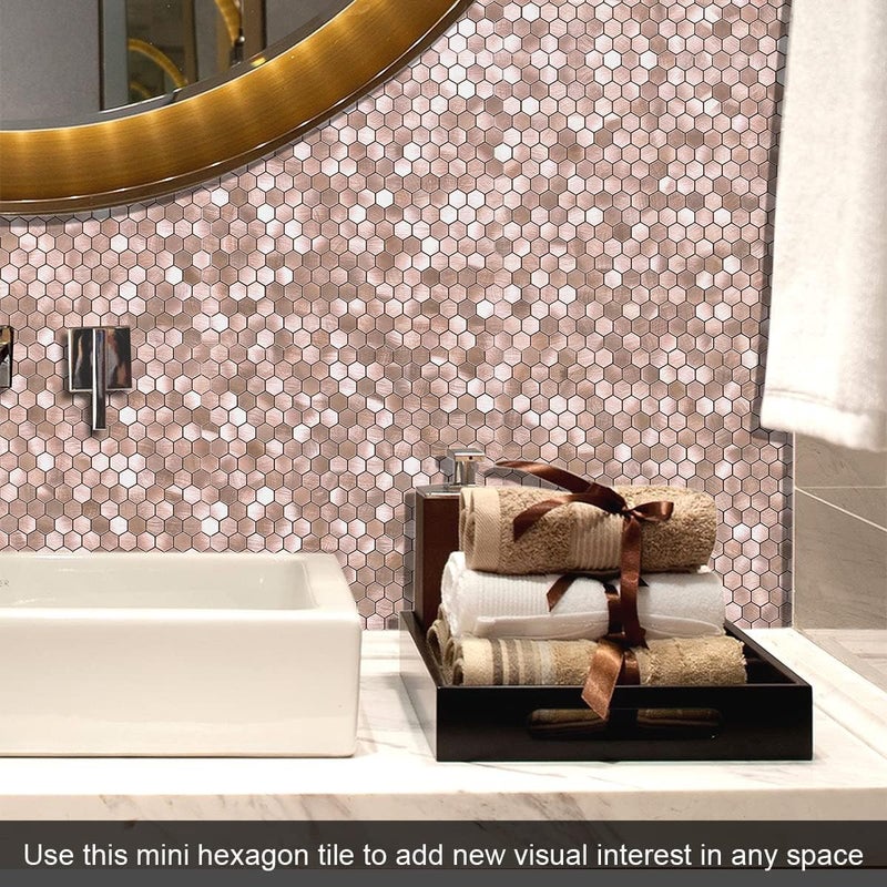 Benice Metal Mini Hexagon Stick on Mosaic Tiles Stickers for Kitchen Splashback Self Adhesive Wall Fireplace(10 Sheets,Brown Rose Gold) - Image 4