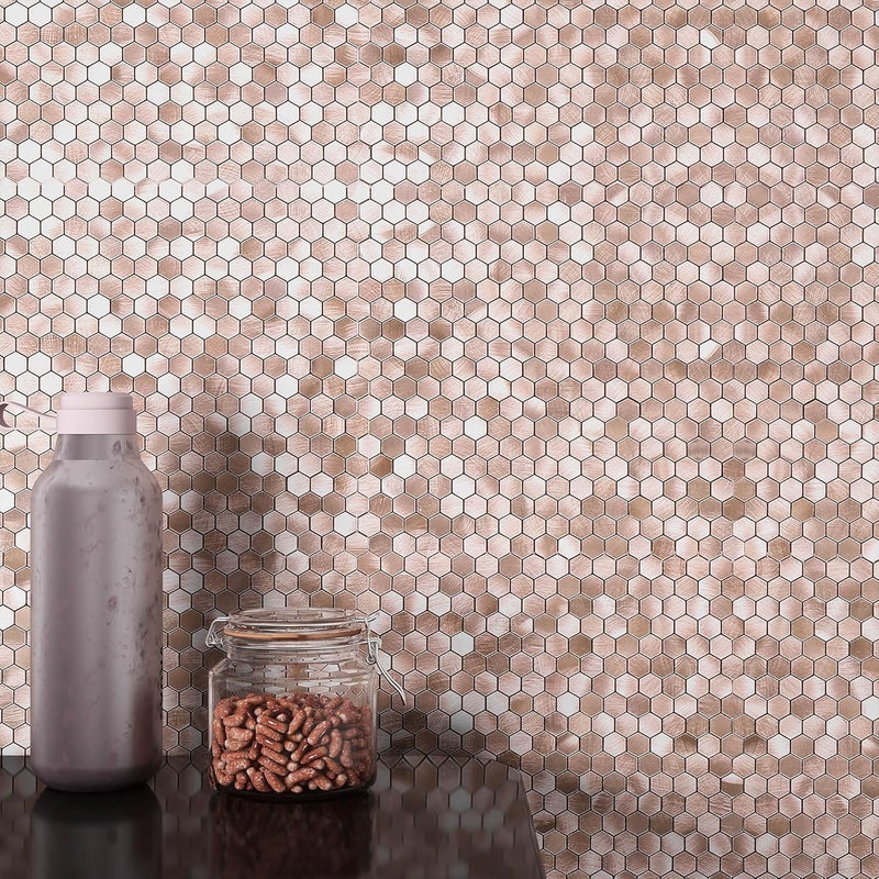 Benice Metal Mini Hexagon Stick on Mosaic Tiles Stickers for Kitchen Splashback Self Adhesive Wall Fireplace(10 Sheets,Brown Rose Gold) - Image 1