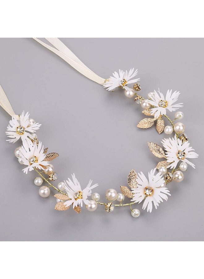 Prasacco Rasacco Women Flower Headband With Ribbon Bridal Headband Flower Hair Vine Wedding Hair Accessories Wreath Wedding Party Ladies Girls Garlands Floral Crown Hairband  - Image 1