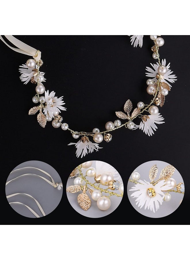 Prasacco Rasacco Women Flower Headband With Ribbon Bridal Headband Flower Hair Vine Wedding Hair Accessories Wreath Wedding Party Ladies Girls Garlands Floral Crown Hairband  - Image 5