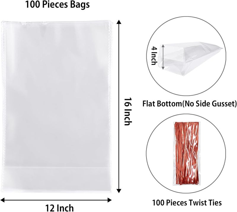 Morepack Large Flat Bottom Cellophane Bags,100Pcs 12x4x16 Inches Clear Flat Bottom Cellophane Gift Bags with Twist Ties (No Side Gusset) - Image 2
