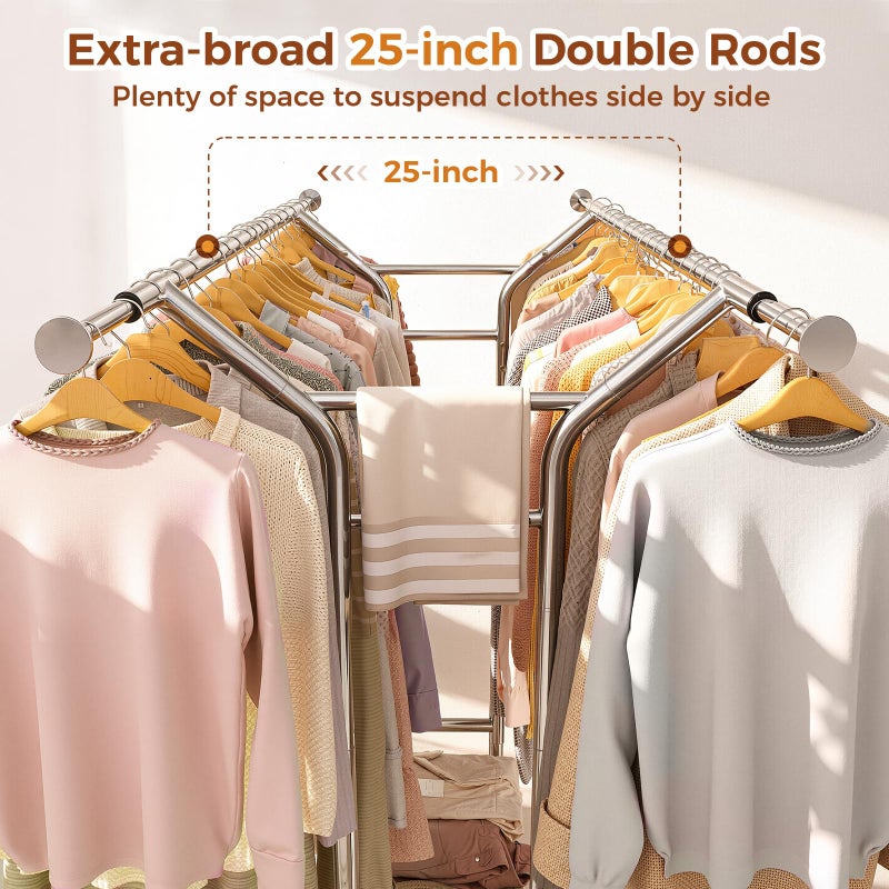 Luxspire Heavy Duty Clothes Rack Load 650 LBS, Double Rod Clothing Racks for Hanging Clothes, Rolling Garment Racks with Lockable Wheels, Shelves, Adjustable Laundry Hanging Rack, Silver - Image 5