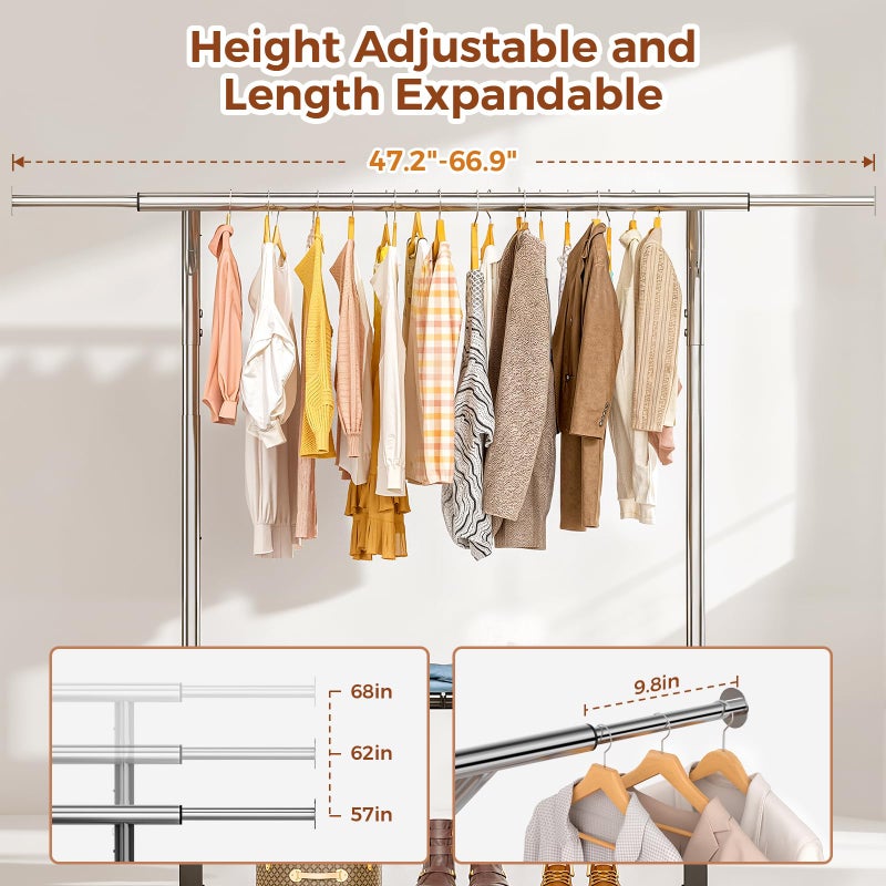 Luxspire Heavy Duty Clothes Rack Load 650 LBS, Double Rod Clothing Racks for Hanging Clothes, Rolling Garment Racks with Lockable Wheels, Shelves, Adjustable Laundry Hanging Rack, Silver - Image 4