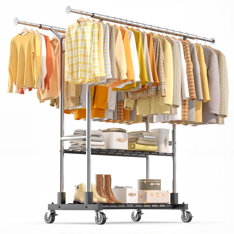Luxspire Heavy Duty Clothes Rack Load 650 LBS, Double Rod Clothing Racks for Hanging Clothes, Rolling Garment Racks with Lockable Wheels, Shelves, Adjustable Laundry Hanging Rack, Silver - Image 1