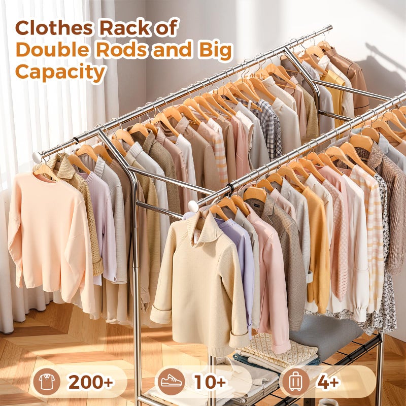 Luxspire Heavy Duty Clothes Rack Load 650 LBS, Double Rod Clothing Racks for Hanging Clothes, Rolling Garment Racks with Lockable Wheels, Shelves, Adjustable Laundry Hanging Rack, Silver - Image 3