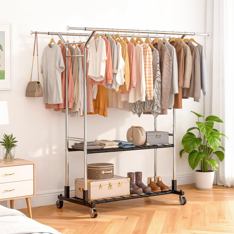 Luxspire Heavy Duty Clothes Rack Load 650 LBS, Double Rod Clothing Racks for Hanging Clothes, Rolling Garment Racks with Lockable Wheels, Shelves, Adjustable Laundry Hanging Rack, Silver - Image 2