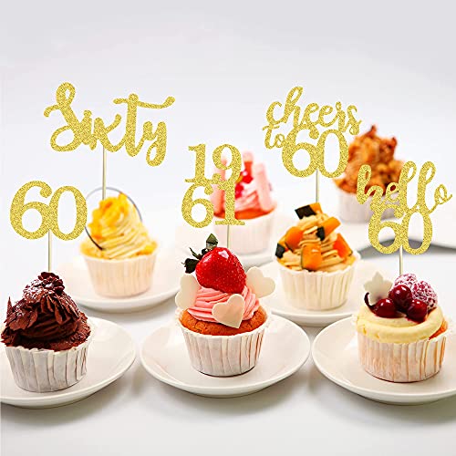 Festiko®40 PCS Gold Glitter 60th Birthday Cupcake Toppers Set for 60th Birthday Celebrating Party Decorations - Image 5