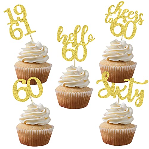 Festiko®40 PCS Gold Glitter 60th Birthday Cupcake Toppers Set for 60th Birthday Celebrating Party Decorations - Image 1