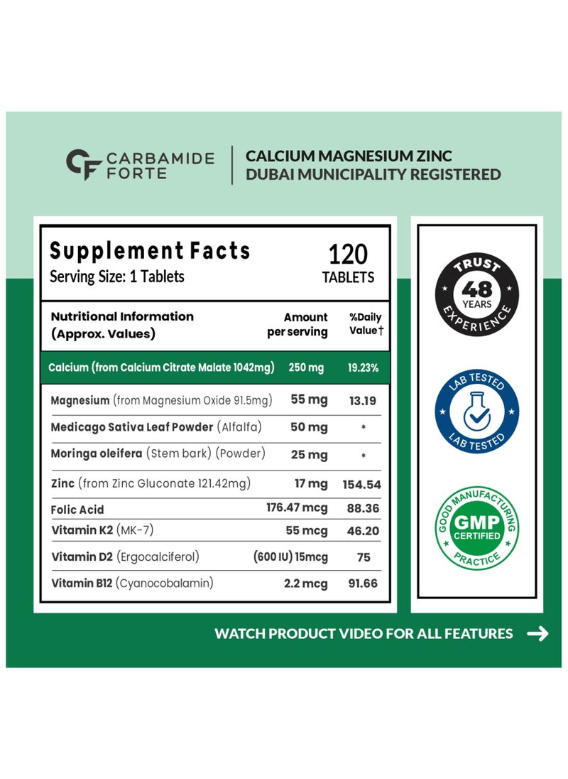 CARBAMIDE FORTE - Calcium, Magnesium, Zinc + with Vitamin D,K2 & B12 |For Women & Men – 120 Veg Tablets - Image 1