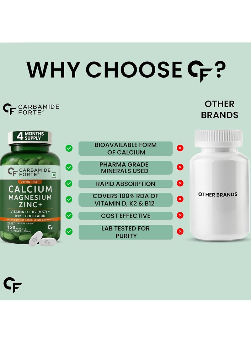 CARBAMIDE FORTE Calcium, Magnesium, Zinc + with Vitamin D,K2 & B12 |For Women & Men – 120 Veg Tablets - Image 5