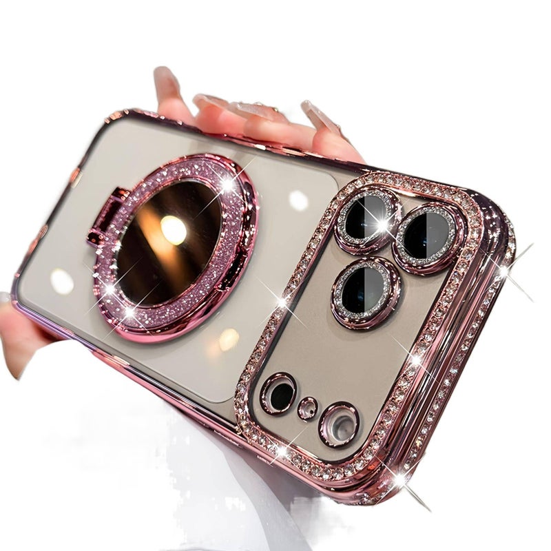 TPU MagSafe Case for iPhone 13 with Kickstand and Strong Magnetic plus Glitter plus Mirror in Pink - Image 1