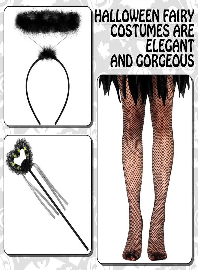 Foaincore 5 Pcs Halloween Fallen Dark Angel Costume Dark Angel Dress Wing Headband Wand Fishnet Tights for Women Black Fairy Cosplay(Medium) - Image 5