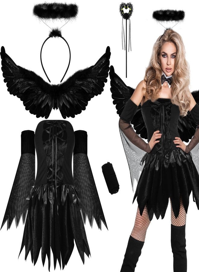 Foaincore 5 Pcs Halloween Fallen Dark Angel Costume Dark Angel Dress Wing Headband Wand Fishnet Tights for Women Black Fairy Cosplay(Medium) - Image 1