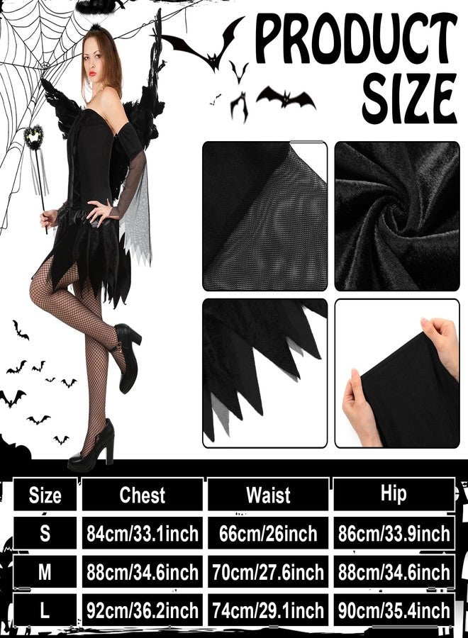 Foaincore 5 Pcs Halloween Fallen Dark Angel Costume Dark Angel Dress Wing Headband Wand Fishnet Tights for Women Black Fairy Cosplay(Medium) - Image 2