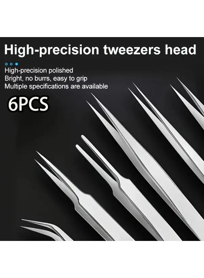 6Pcs Stainless Steel Tweezers Straight Curved Anti Static Durable Metal For Phone Repair Industrial Use Crafting Kitchen - Image 2