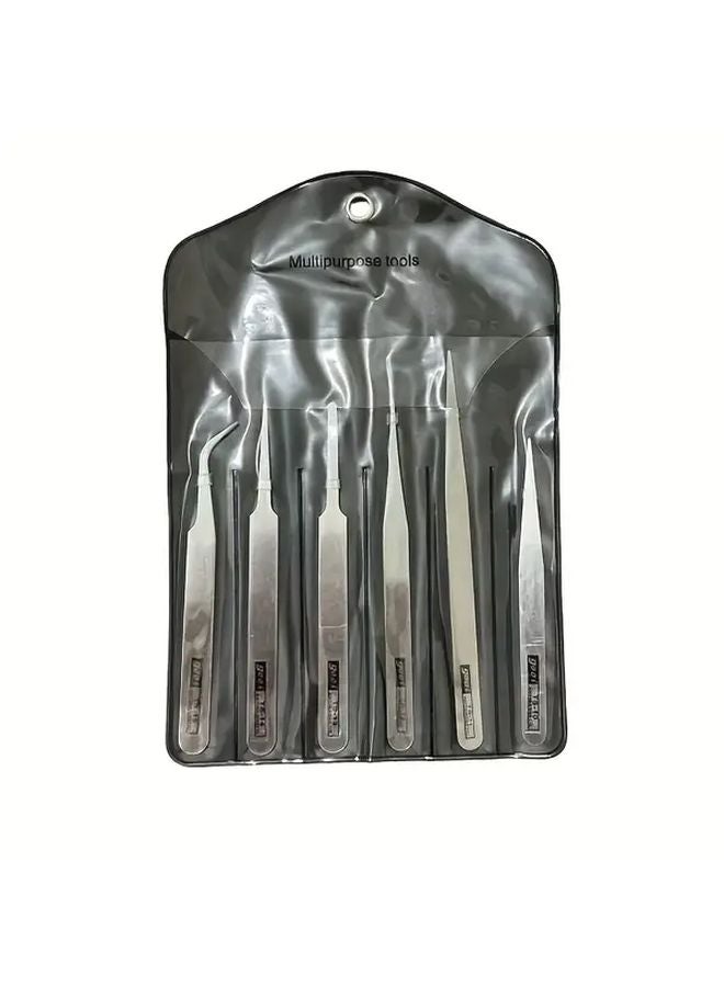 6Pcs Stainless Steel Tweezers Straight Curved Anti Static Durable Metal For Phone Repair Industrial Use Crafting Kitchen - Image 1
