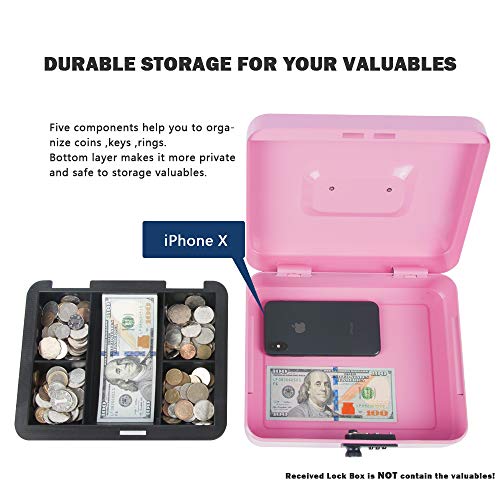 Kyodoled Large Cash Box with Combination Lock,Safe Metal Money Box with Money Tray for Security Lock Box 9.84"x 7.87"x 3.54" Pink Large - Image 4
