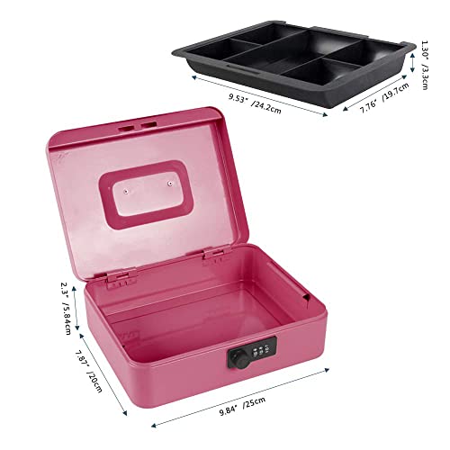 Kyodoled Large Cash Box with Combination Lock,Safe Metal Money Box with Money Tray for Security Lock Box 9.84"x 7.87"x 3.54" Pink Large - Image 3