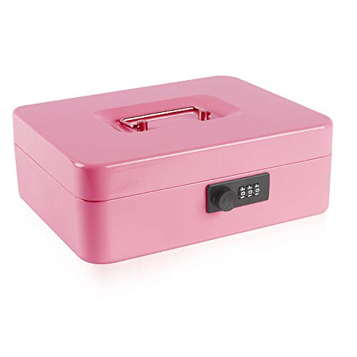 Kyodoled Large Cash Box with Combination Lock,Safe Metal Money Box with Money Tray for Security Lock Box 9.84"x 7.87"x 3.54" Pink Large - Image 1