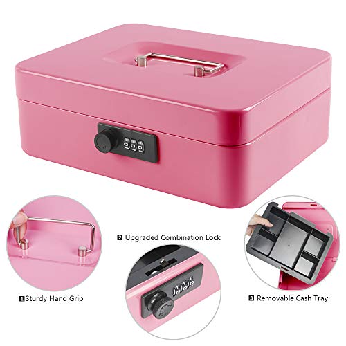 Kyodoled Large Cash Box with Combination Lock,Safe Metal Money Box with Money Tray for Security Lock Box 9.84"x 7.87"x 3.54" Pink Large - Image 2
