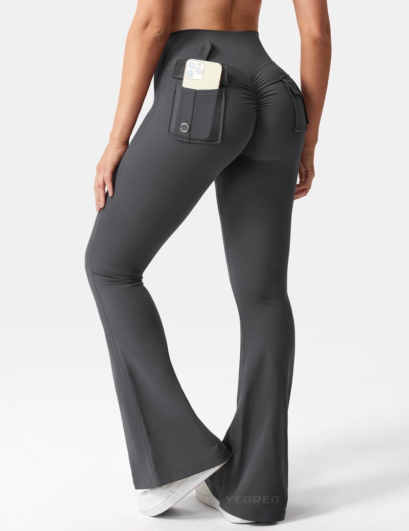 YEOREO CoreFlex Flare Leggings with Pockets for Women Scrunch Workout Leggings Butt Lifting Gym Yoga Pants Coal - Image 2