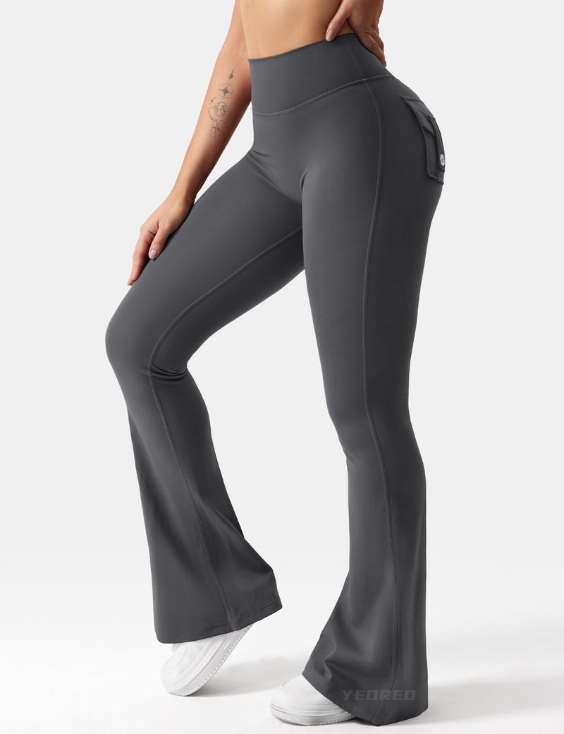 YEOREO CoreFlex Flare Leggings with Pockets for Women Scrunch Workout Leggings Butt Lifting Gym Yoga Pants Coal - Image 4