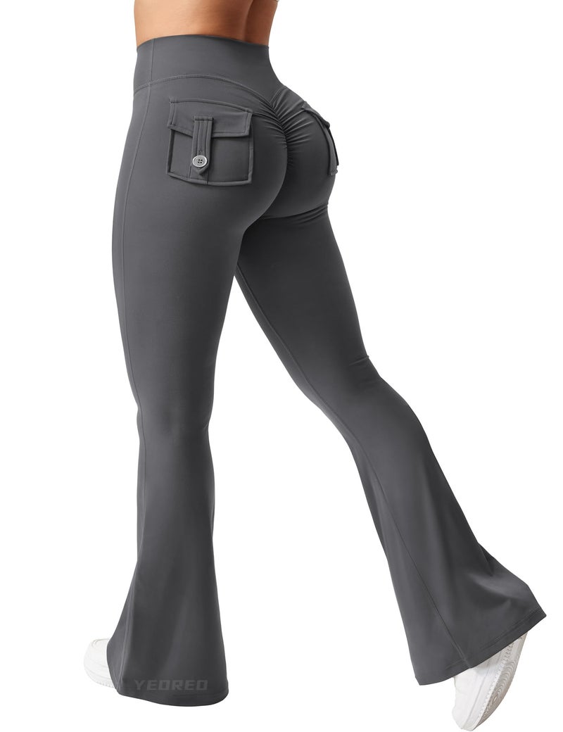 YEOREO CoreFlex Flare Leggings with Pockets for Women Scrunch Workout Leggings Butt Lifting Gym Yoga Pants Coal - Image 1