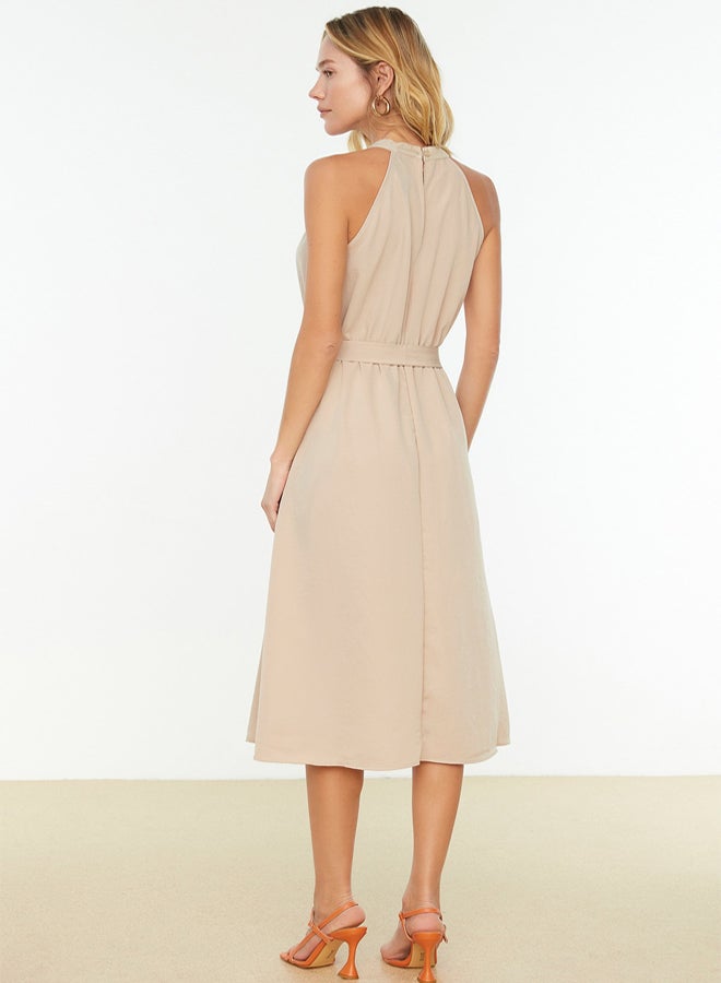 trendyol Stone Belted A-Line Halter Neck Midi Viscose Woven Dress  - Image 5