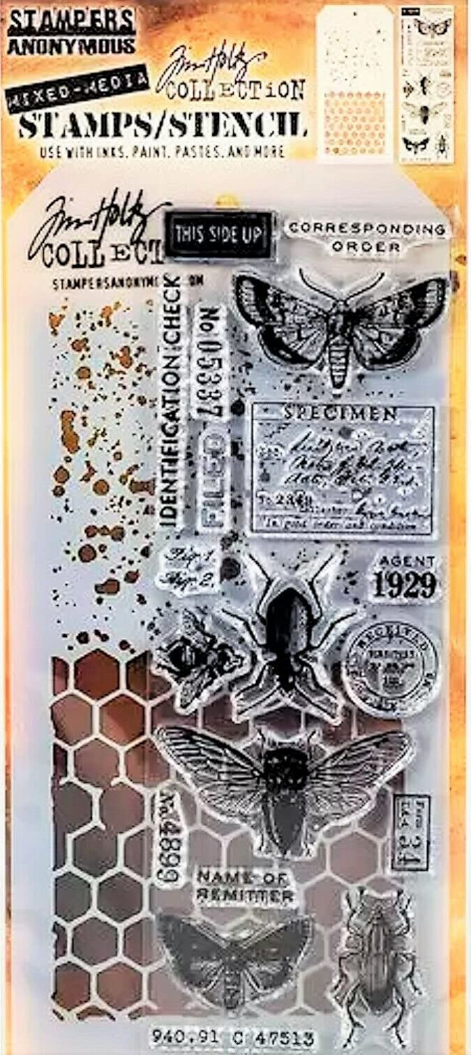 Tim Holtz Collection Stampers Anonymous Tim Holtz Honeycomb  Insects Mixed Media Stamp and Stencil Set THMM111
