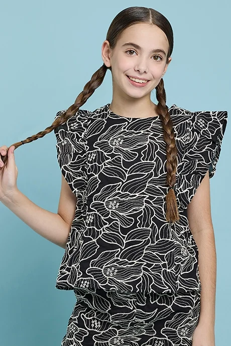 أر أند بي Patterned Top with Crew Neck and Flutter Sleeves