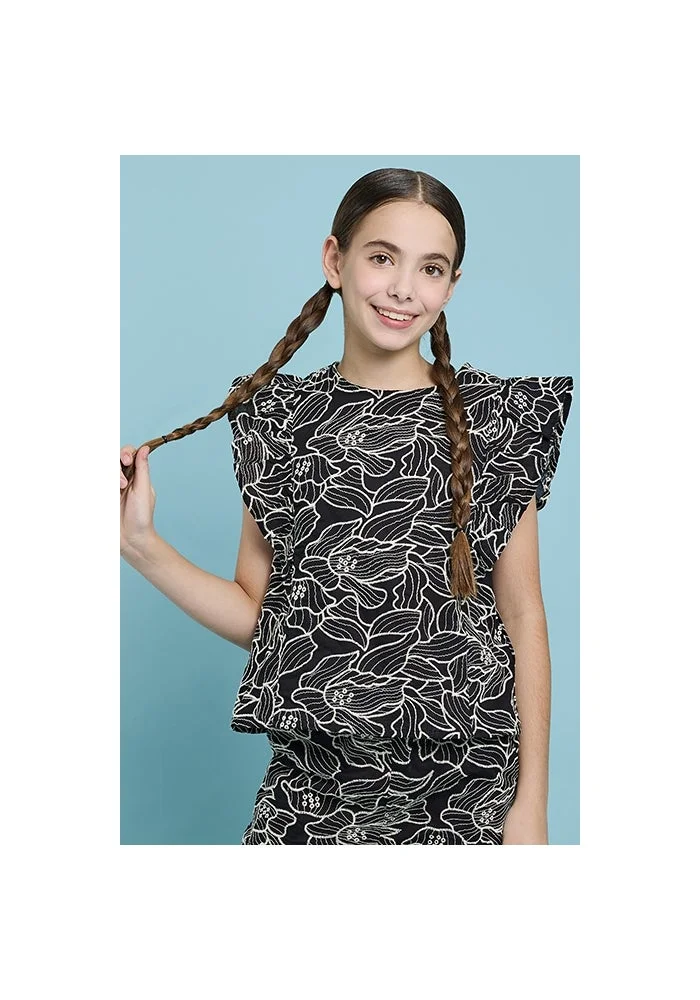 R&b Patterned Top with Crew Neck and Flutter Sleeves
