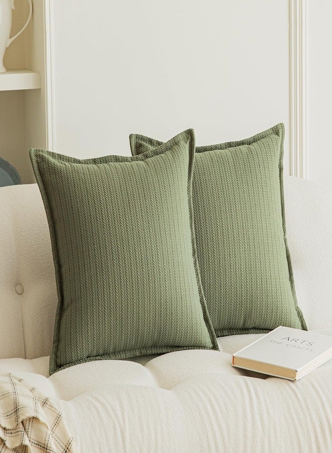 Rythome Set of 2 Cozy Striped Herringbone Flange Throw Pillow Covers, Aesthetic Embossed Pattern Pillow Covers for Couch and Bed - 18"x18", Sage Green - Image 1
