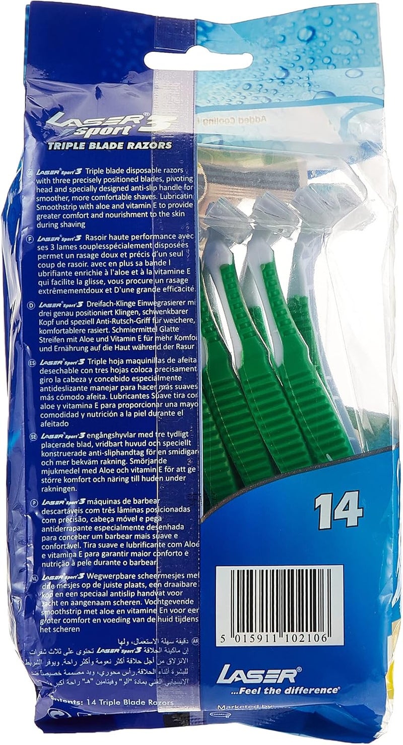 LASER شفرات حلاقة ليزر سبورت 3 ذات قبضة قوية ثلاثية الشفرات القابلة للاستخدام مرة واحدة مع تأثير تبريد بالمنثول - 14 قطعة - Image 2