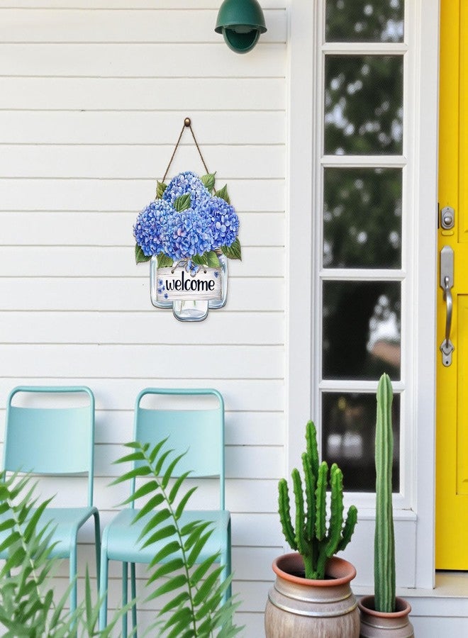 Harooni Spring Summer Hydrangea Welcome Sign for Front Door Blue Hydrangea Vase Floral Hanging Wreath 11.8"x11.8" Summer Flower Farmhouse Wood Sign Holiday Decor for Indoor Outdoor - Image 3